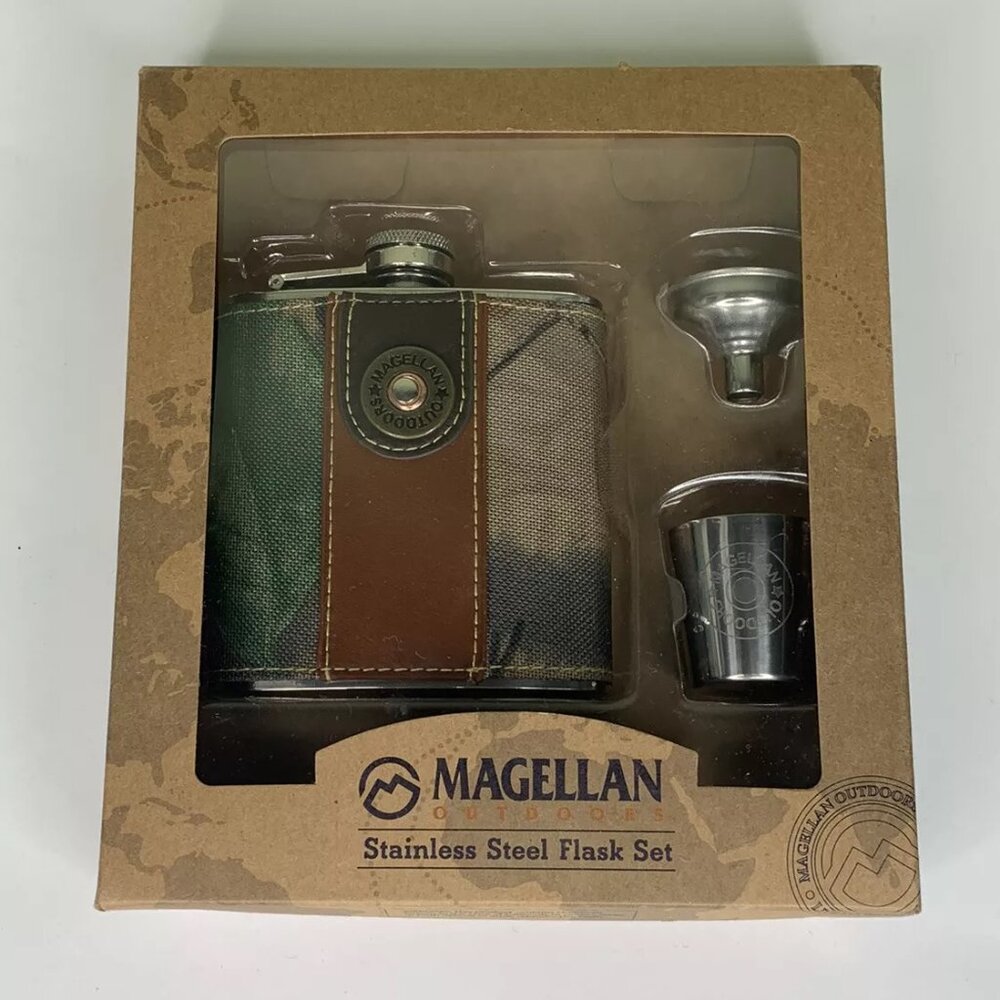 Magellan Outdoors Stainless Steel 6 oz Flask Funnel and Shotglass Set in Box